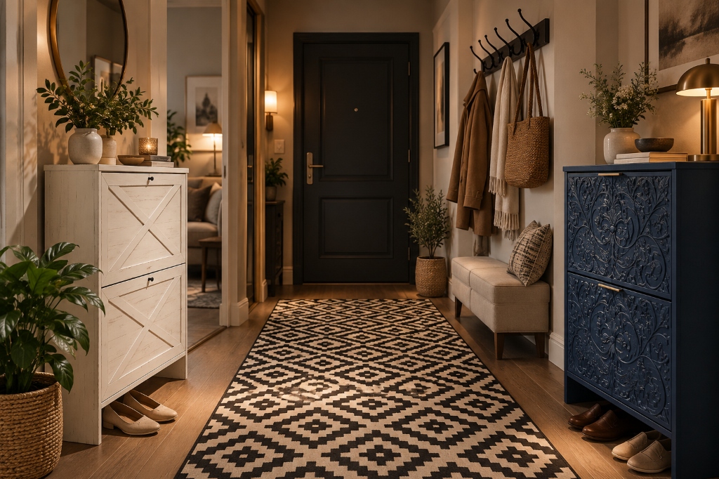 Organized small apartment entryway with vertical flip-drawer shoe cabinets, coat rack, and rug