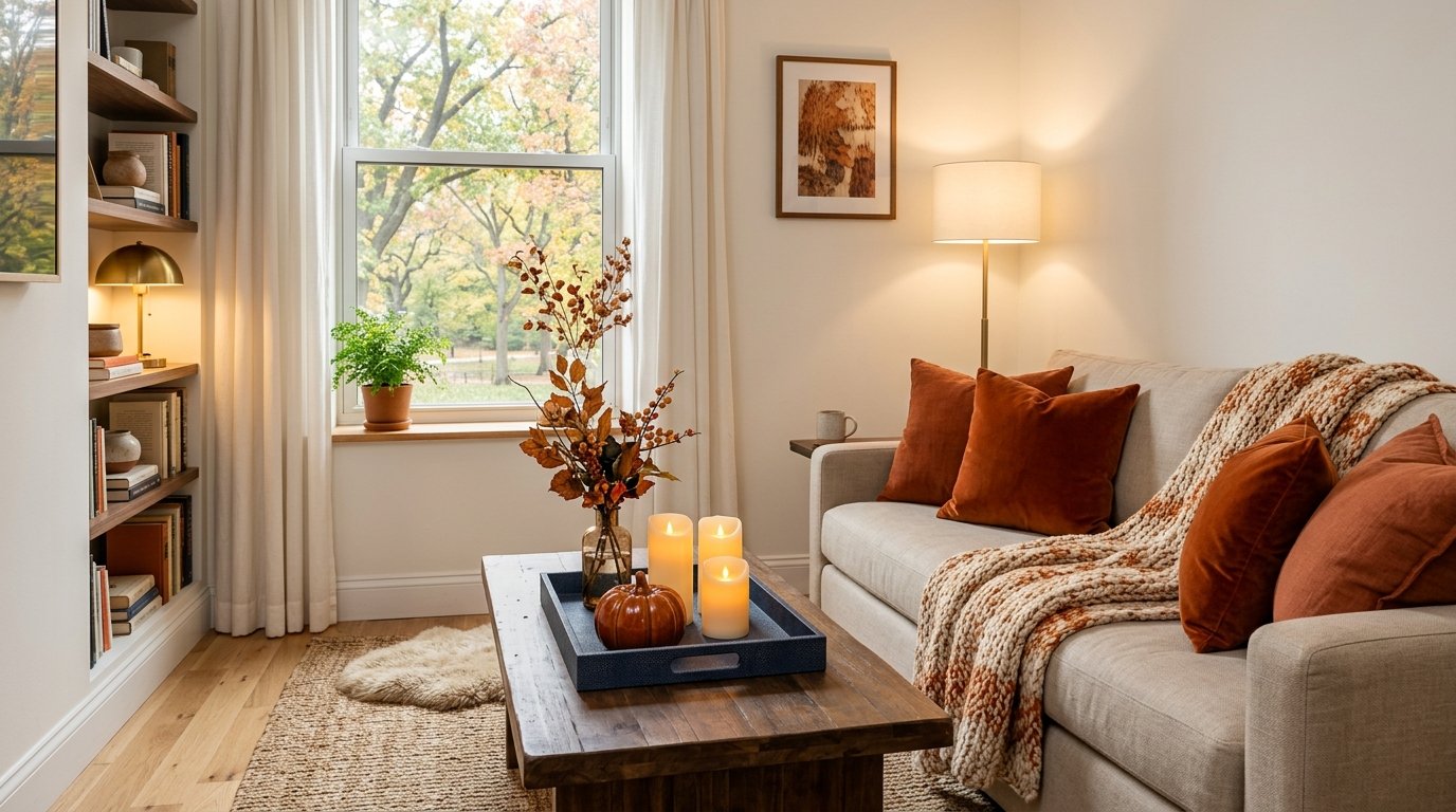 Cozy small apartment living room decorated for fall with warm ambient lighting and amber accents