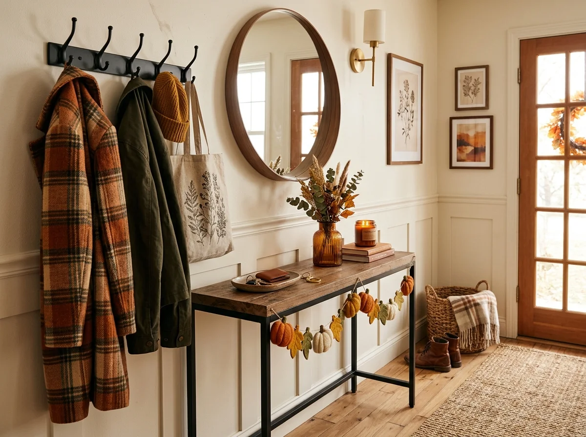 Narrow entryway console table styled with warm autumn accents, tray, and garland