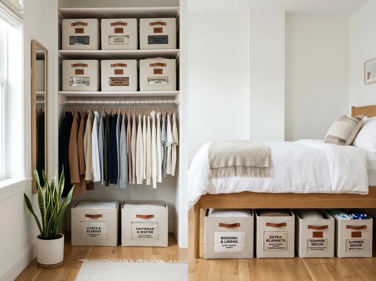 Stackable linen fabric storage bins organized neatly on closet shelf